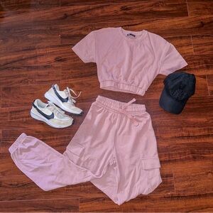 small pink zara cargo sweatpants and top set